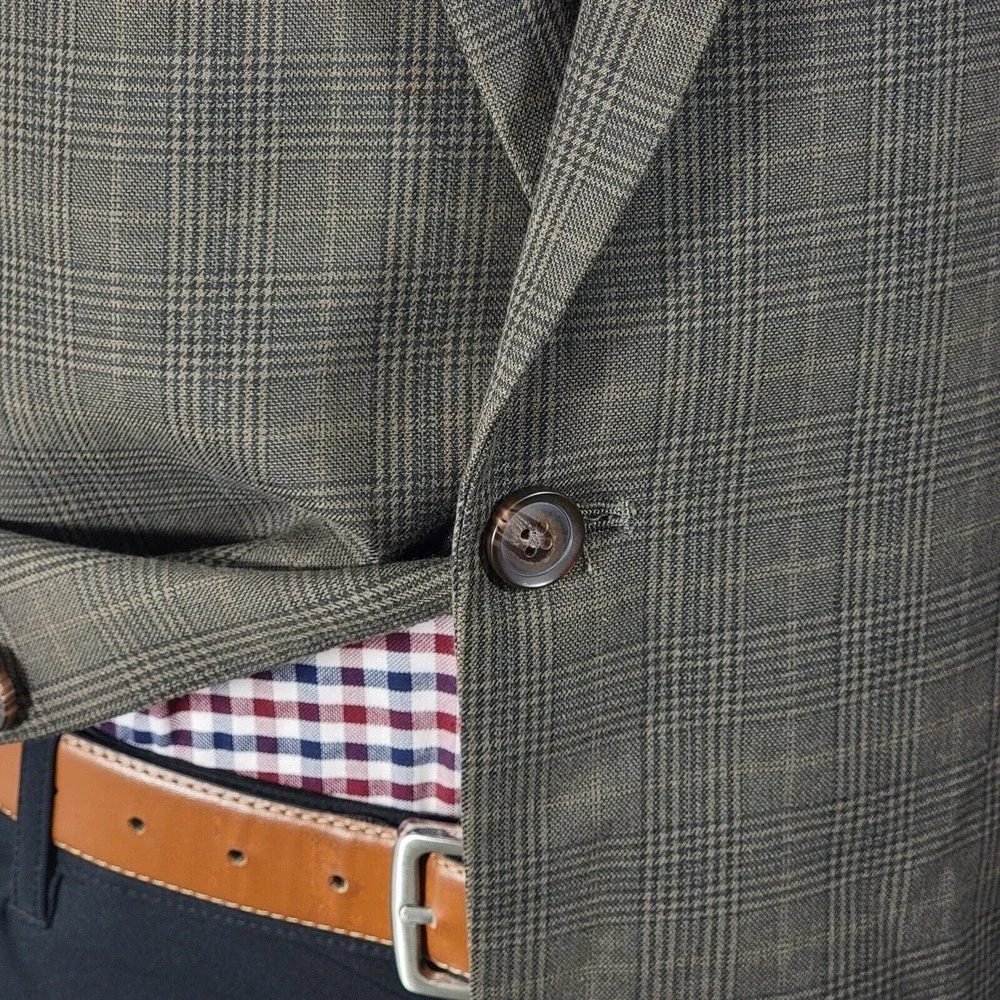 Haggar Mens Sport Coat Blazer Two Button Brown Plaid Cotton Poly Rayon Blend 44L
